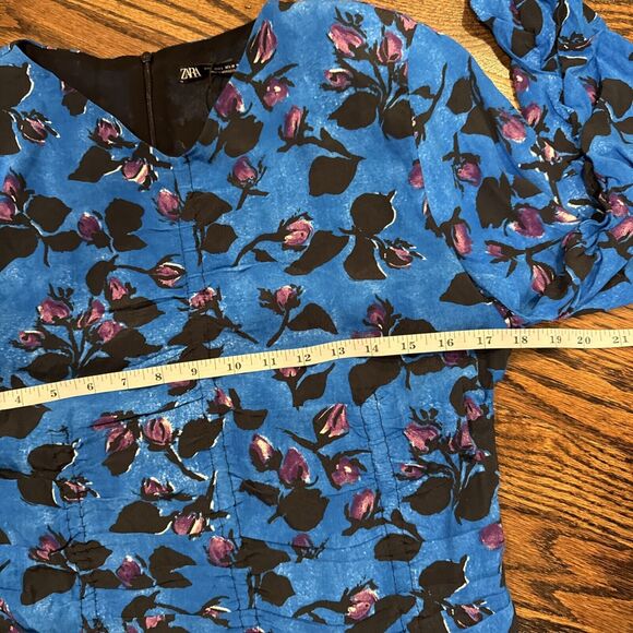 ZARA Mini Dress Womens Large Blue Floral Print Bodycone Long Sleeve NWT - Picture 9 of 10